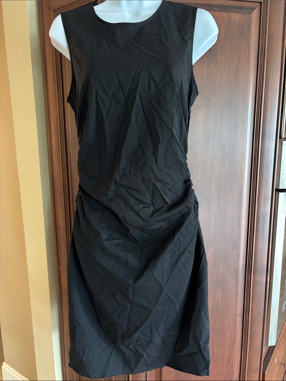 Theory Black Sleeveless Virgin Wool Ruched Midi Dress